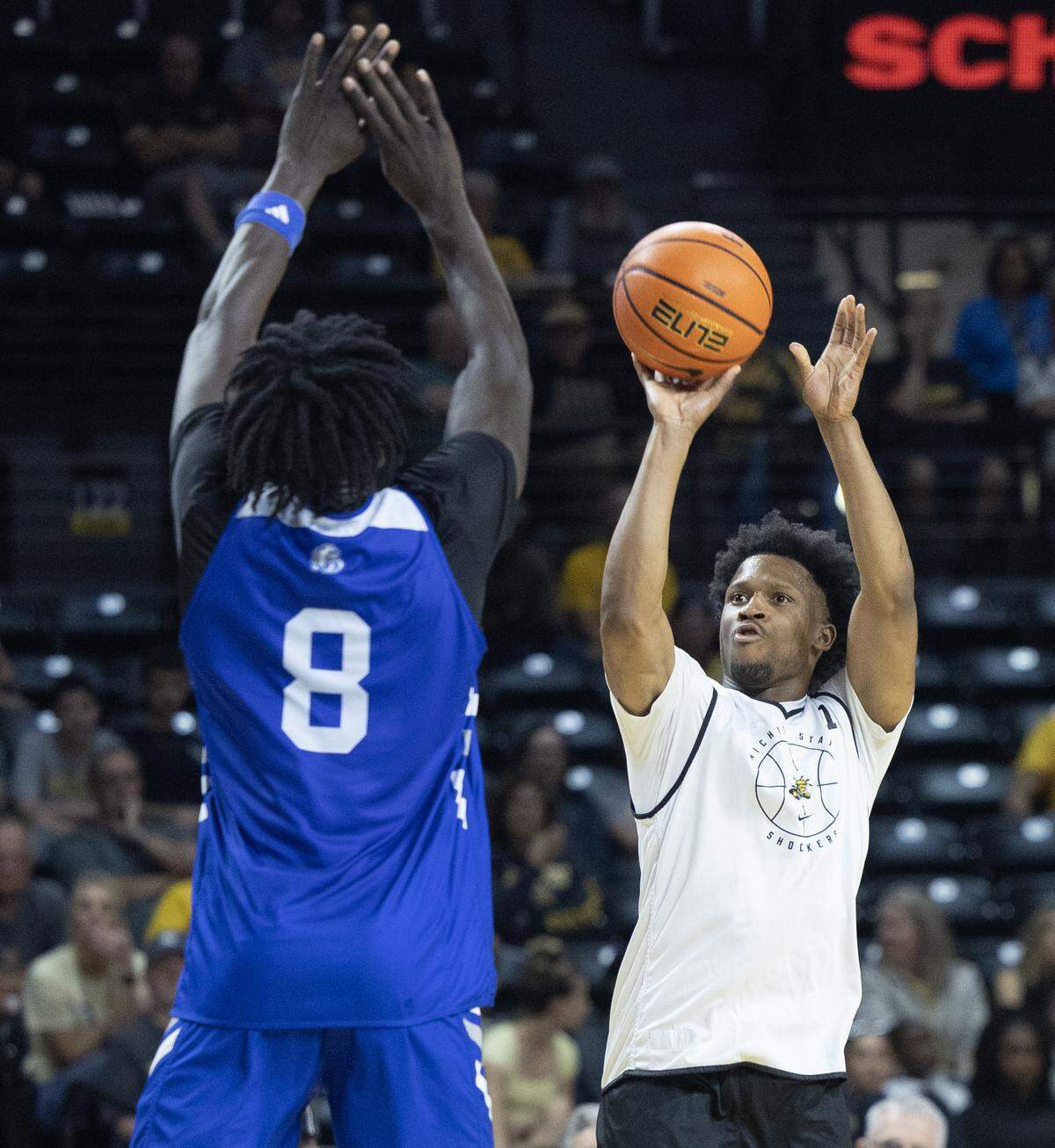 Wichita State shooting guard Kenyon Giles lets a 3-pointer fly against Drake in a scrimmage at Koch Arena.