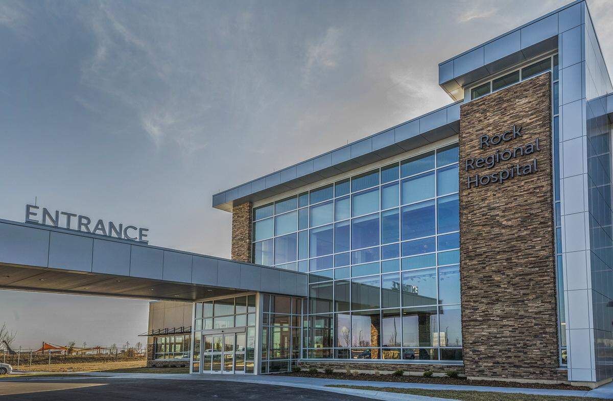 The entrance to Rock Regional Hospital in Derby is seen in this file photo. The facility filed for Chapter 11 bankruptcy Dec. 7.