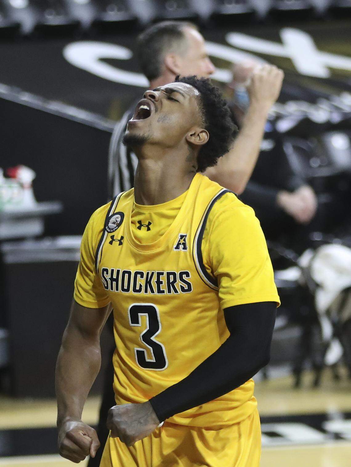 Wichita State’s Alterique Gilbert celebrates a shot and a foul during the first half against Tulane on Wednesday at Koch Arena.