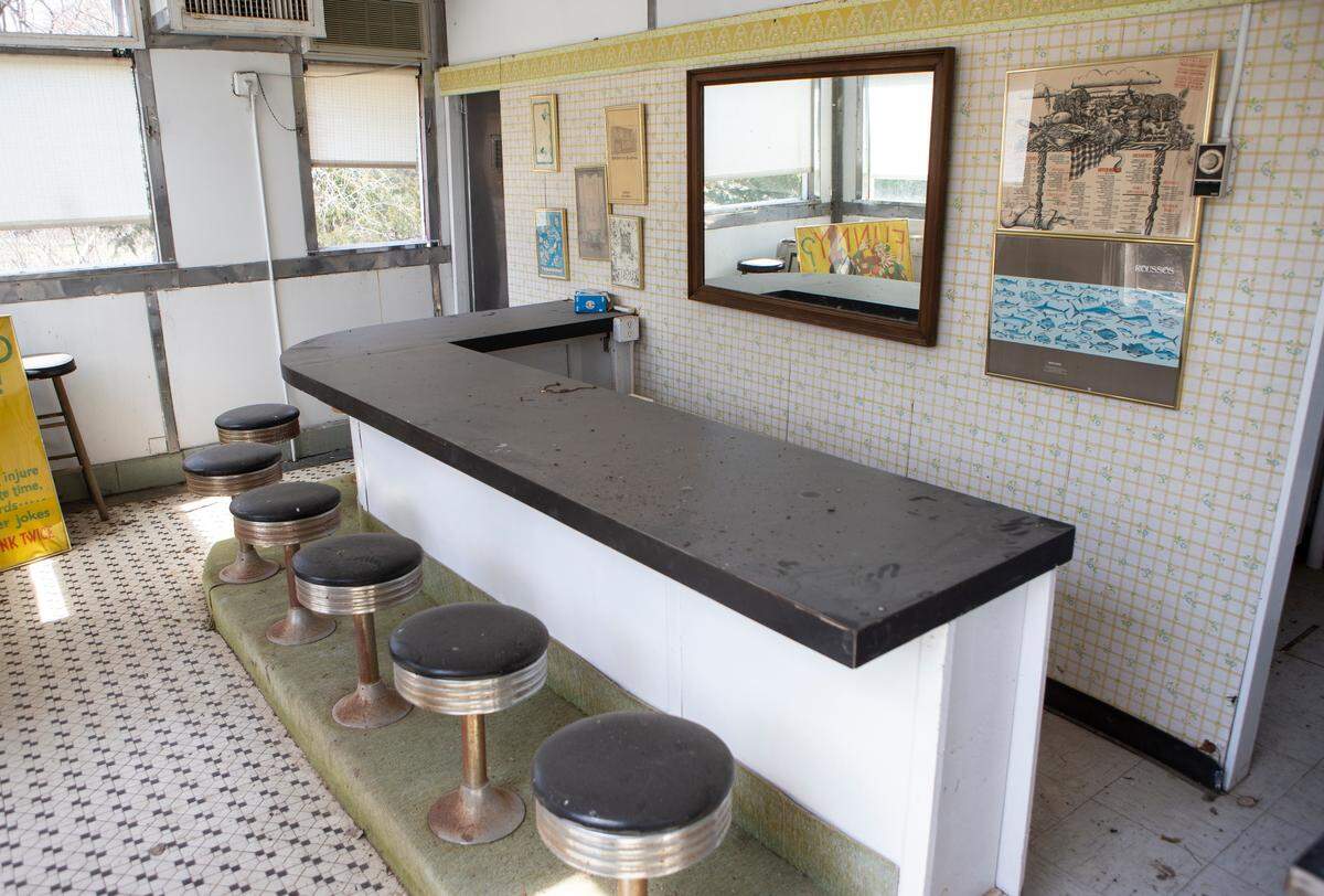 The interior of a castle-shaped 1930s-era portable metal diner that years ago was home to a Wichita burger stand on East Douglas.