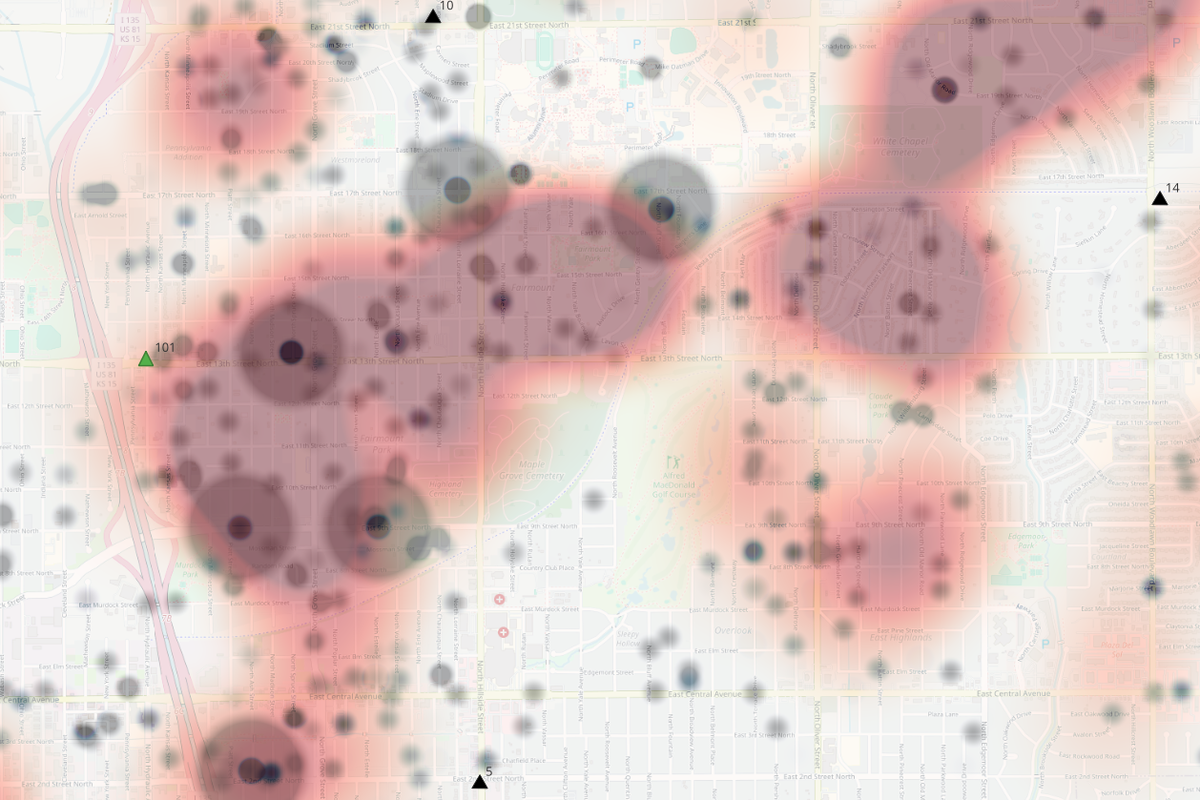East-central Wichita, the neighborhood east of I-135 to Oliver between generally between 17th and Murdock, has pockets of neighborhoods plagued by slow response times to fires. The areas shaded red have slow response times while dots are fire injuries and major property damage. The dark colored dots with dark shading around them are fire-related deaths. Existing stations are black triangles; proposed stations are green triangles.
