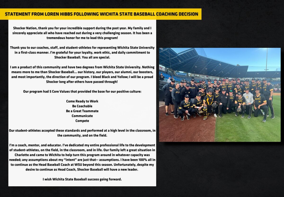 Statement from former WSU interim baseball coach Loren Hibbs.
