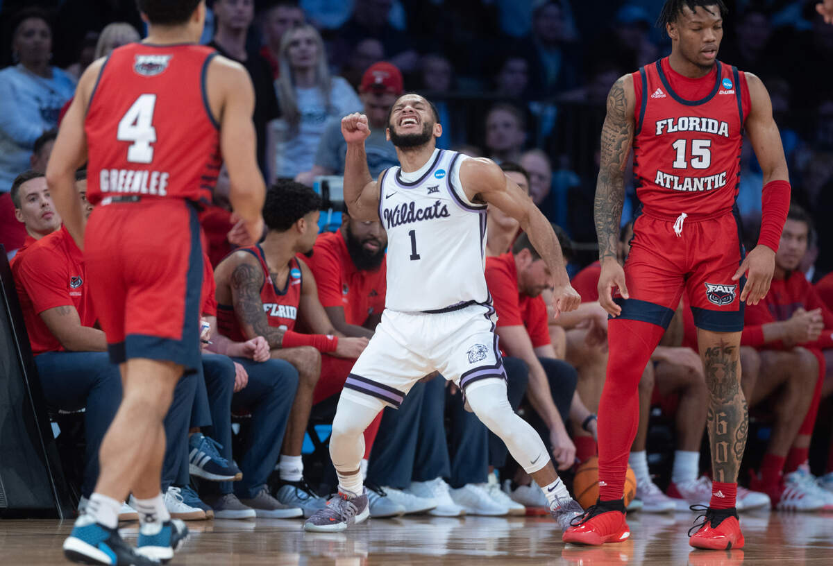 Kansas State’s Markquis Nowell celebrates a turnover by Florida Atlantic in the second half of their east region final game at Madison Square Garden on Saturday night.