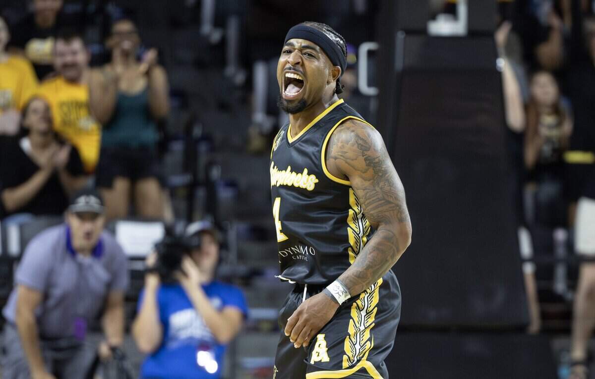 Marcus Keene lets out a yell after hitting a three pointer during the first half of their opening game of the TBT tournament against The Enchantment at Koch Arena on Monday night.