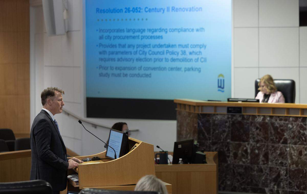 Wichita City Manager Dennis Marstall addresses the City Council during a meeting Tuesday night  about the proposed 1% sales tax.