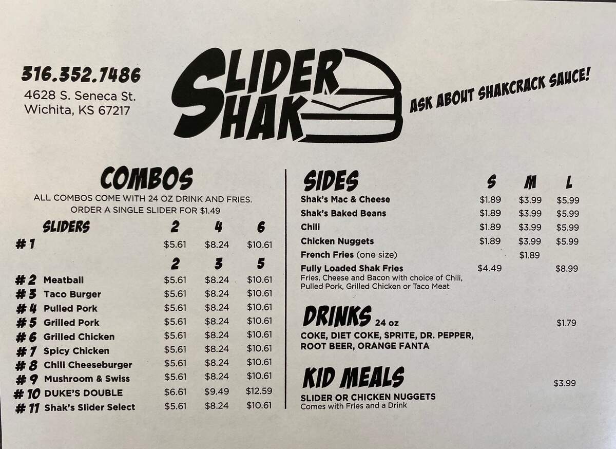 The menu for the new restaurant Slider Shak.