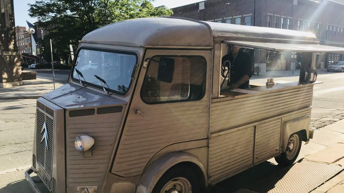 This vintage Camion H-Truck, imported from France, now houses the new Camion Coffee.