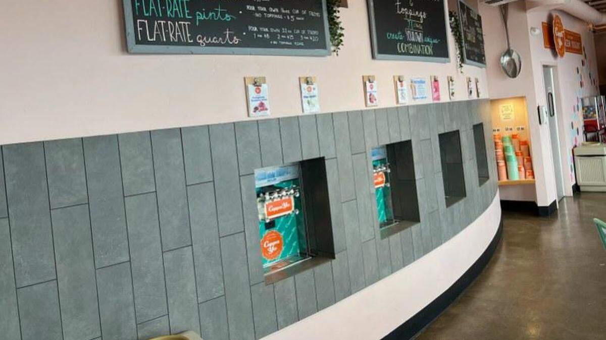 At the new Cuppa Yo that’s coming to Andover, there will be a bank of frozen yogurt machines where customers serve themselves, including toppings, and then weigh their purchases to pay.