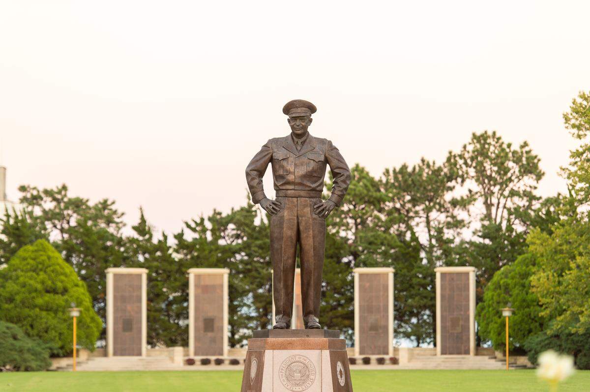 The Eisenhower complex in Abilene, Kansas, includes an 11-foot statue of President Dwight D. Eisenhower. Abilene is where Eisenhower grew up and is buried. (File photo)