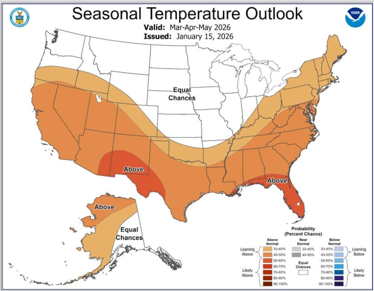 The three-month weather outlook from the Climate Prediction Center for March, April and May 2026 is seen in this graphic.