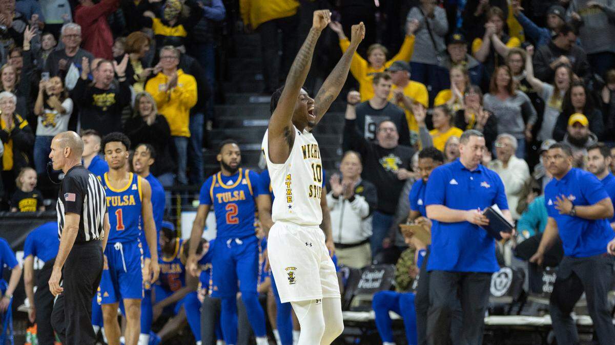 Wichita State’s Jaykwon Walton celebrates at the buzzer after the Shockers defeated Tulsa 73-69 on Saturday. Tulsa led almost the entire game, until the Shockers finally complete a comeback in final two minutes (Jan. 14, 2023).