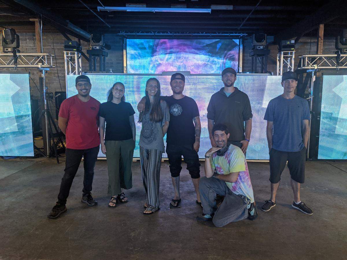 Members of the Tribal Roots collective include, from left, Marcus Agoitia, Acayla Cox, Rochelle Collins, Shea West, Mike McCoy, Justin Hoover, and Chance McKibben (kneeling).