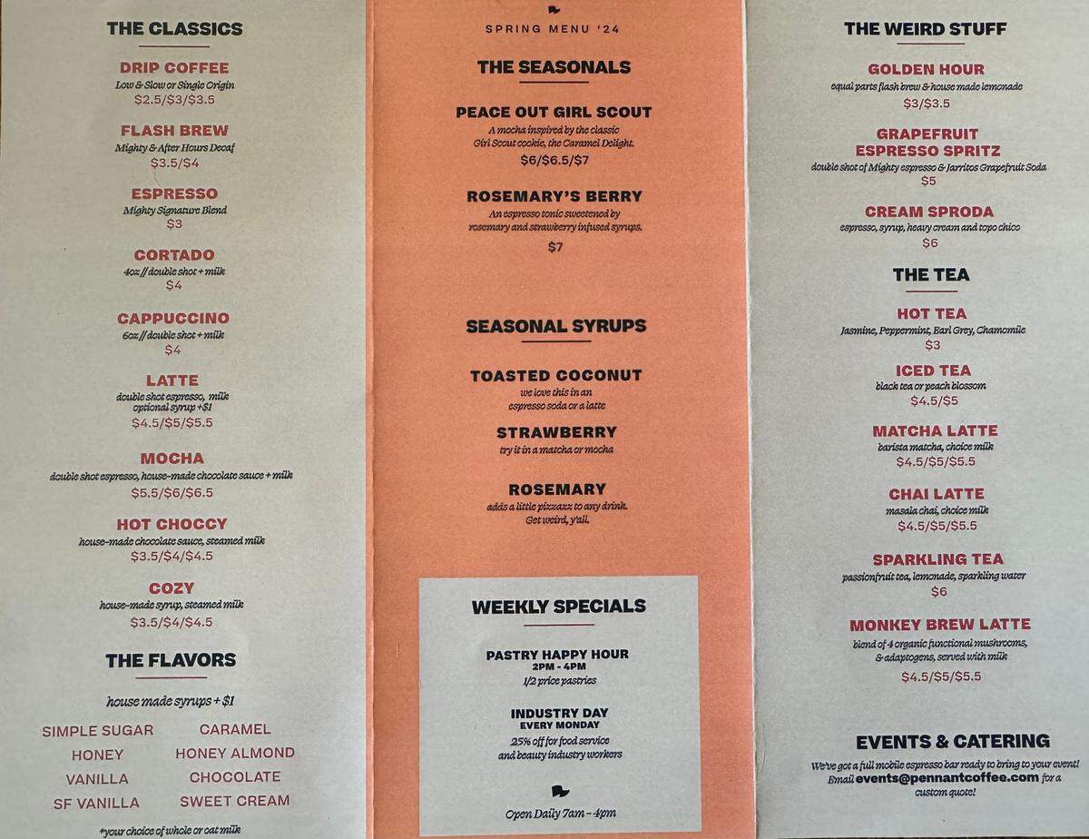 Pennant Coffee menu, part one