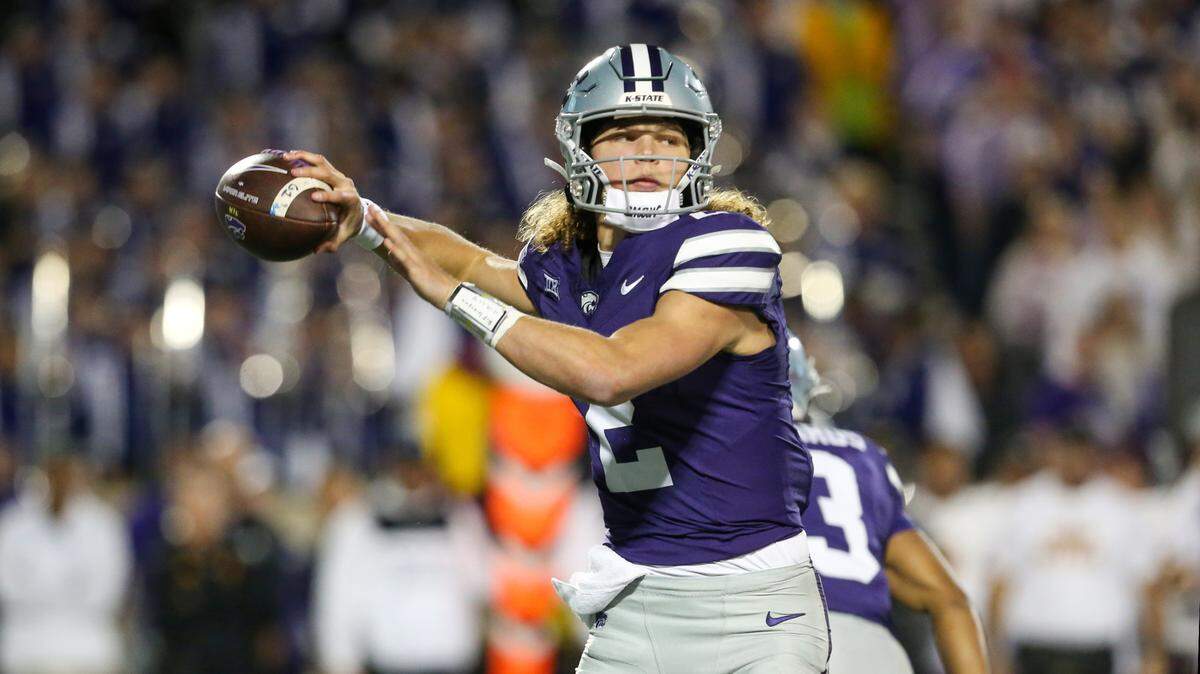 Kansas State Wildcats quarterback Avery Johnson (2) drops back to pass against the Arizona State Sun Devils during the first quarter at Bill Snyder Family Football Stadium.