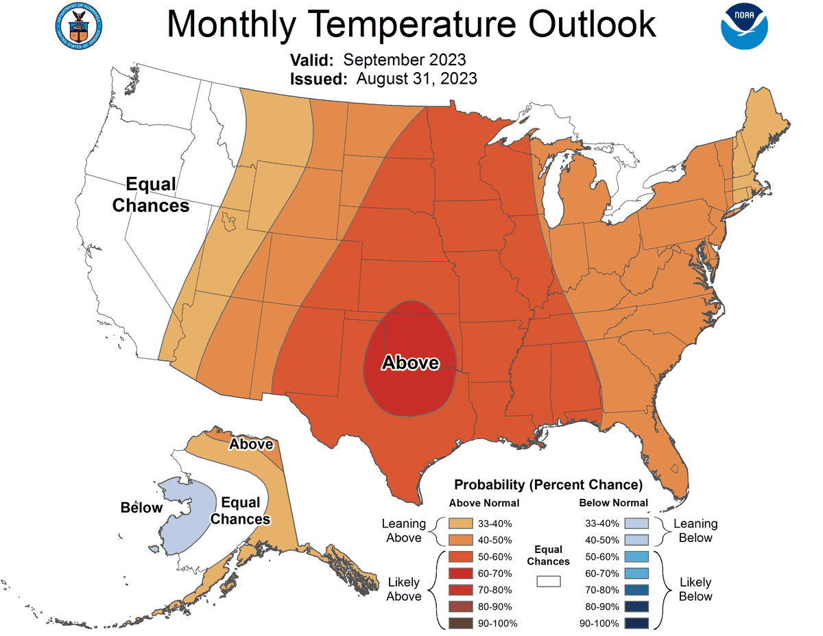 The Climate Prediction Center produced this monthly outlook with the majority of Kansas seeing “likely above” normal temperatures in September.