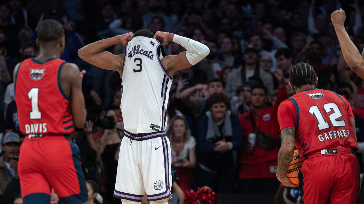 Kansas State’s David N’Guessan reacts to picked up this fifth foul during the second half of their east region final game against Florida Atlantic at Madison Square Garden on Saturday night.