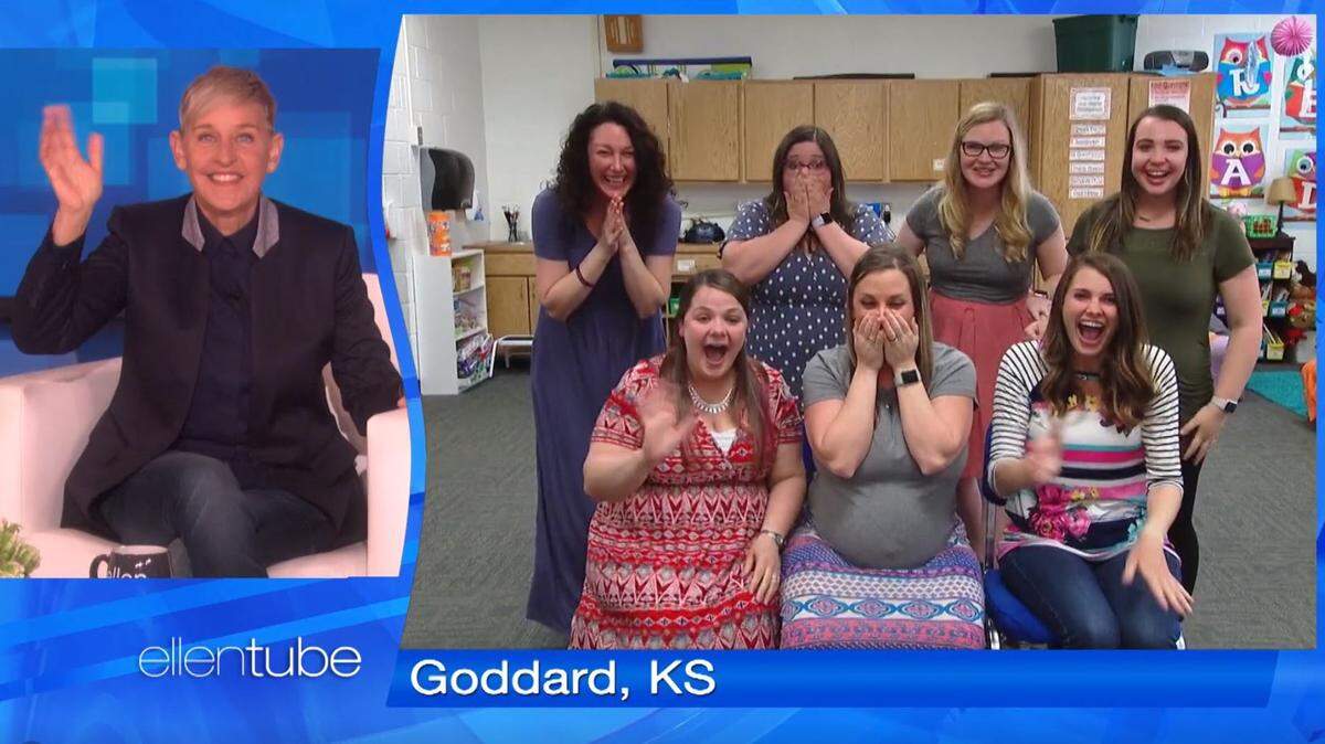 Ellen DeGeneres surprised seven Oak Street Elementary school teachers after they were all pregnant at the same time in Goddard, Kansas.