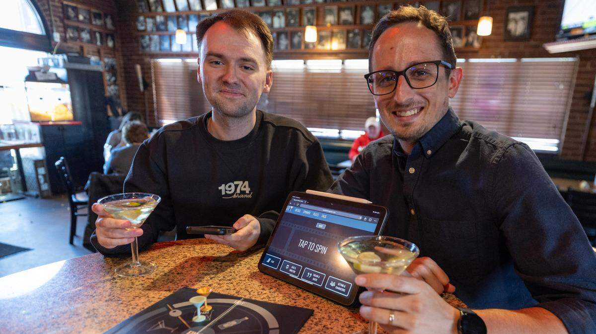Wichitans Jace Bothner, left, and Jake Treat created a movie trivia game called Martini Shot that they’re seeking support for through Kickstarter.