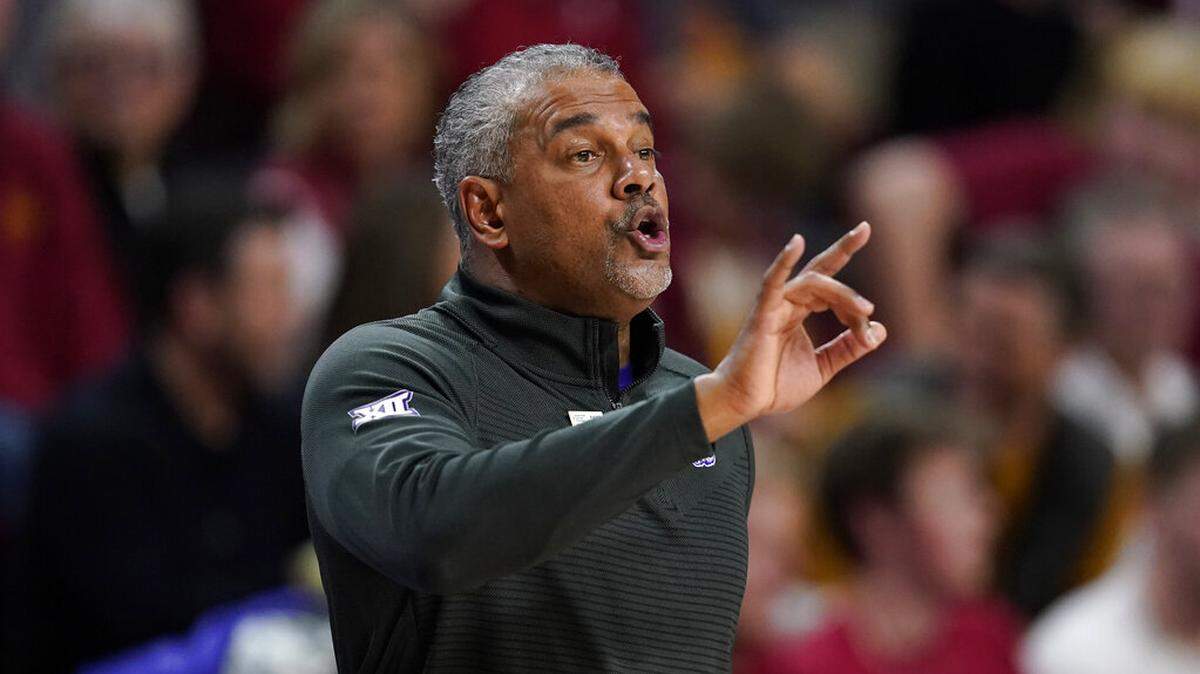 Kansas State head coach Jerome Tang directs his team during the first half of an NCAA college basketball game against Iowa State, Tuesday, Jan. 24, 2023, in Ames, Iowa.