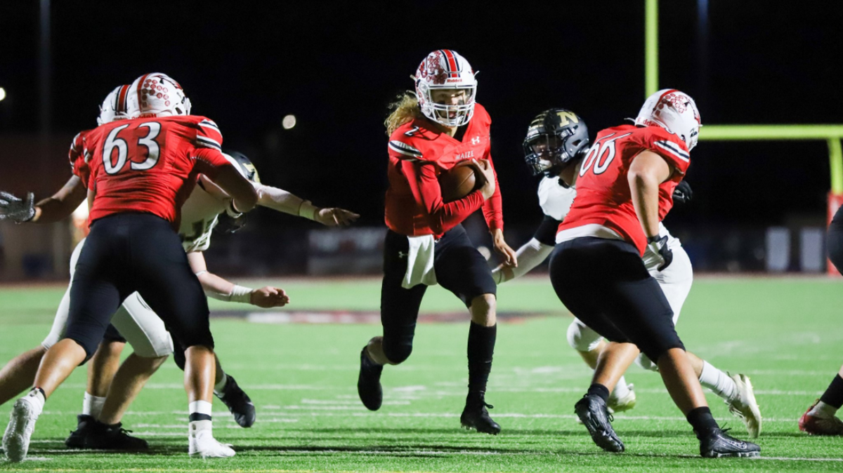 Maize quarterback Avery Johnson helped lead the Eagles back to the Class 5A semifinals with a 48-36 win over Hays on Friday.