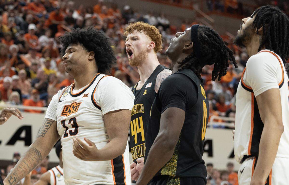 Wichita State Will Berg celebrates a shot and a foul during the second half of their NIT second round game against Oklahoma State on Sunday night in Stillwater.