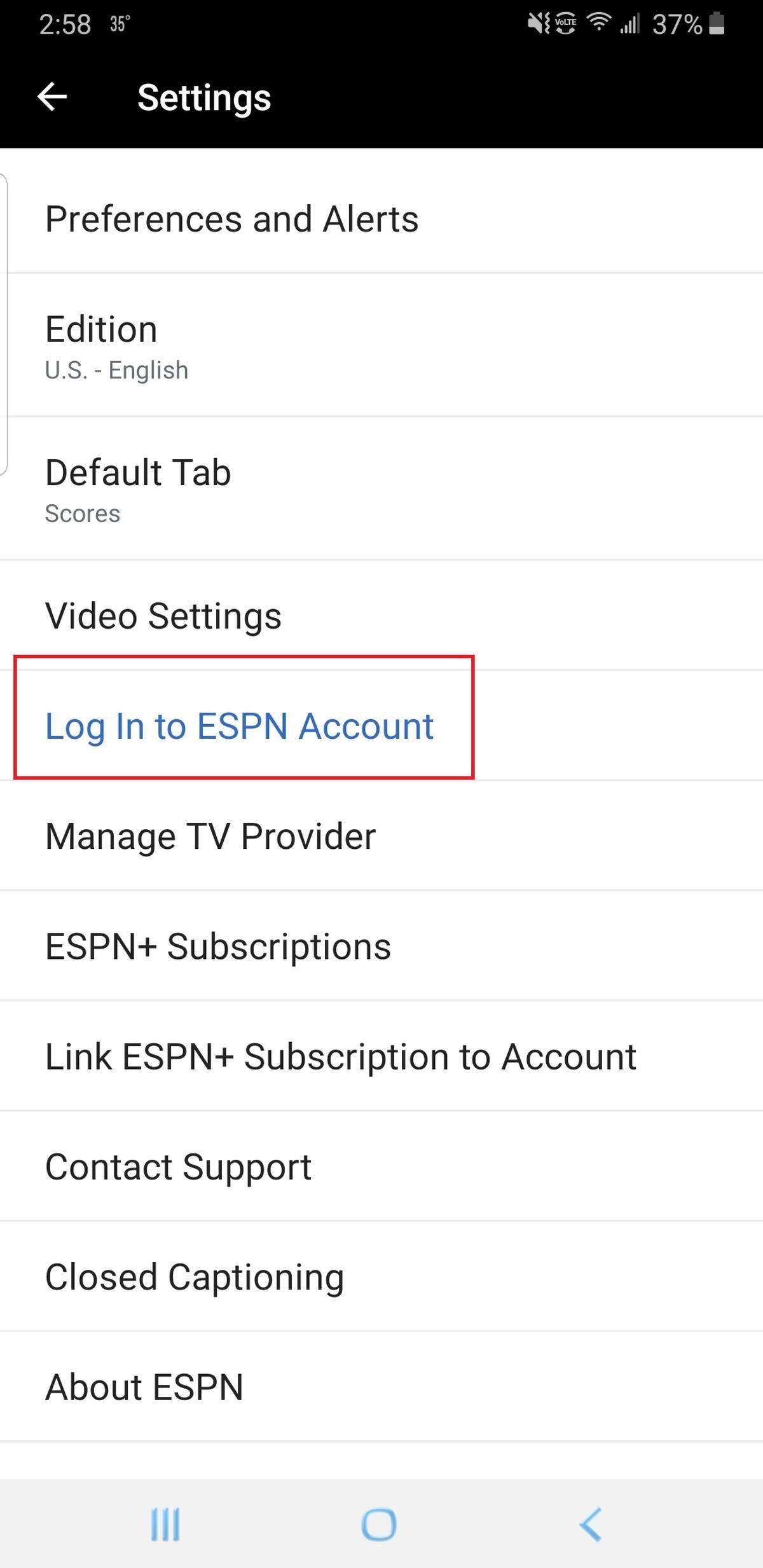 Click on “Log In To ESPN Account”
