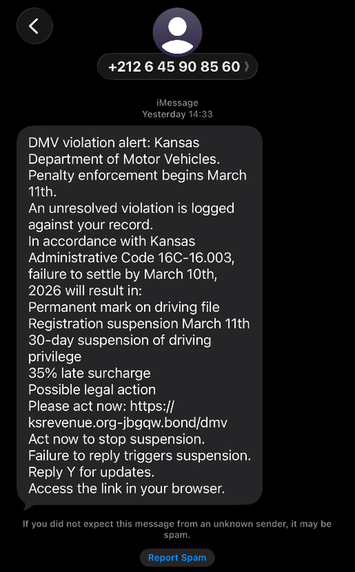 The Sedgwick County District Attorney’s Office provided this image of a recent “smishing” attempt sent to Kansans in an attempt to obtain sensitive personal and financial information.