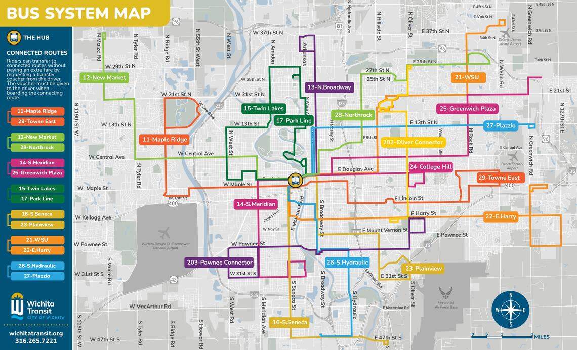 This bus system map, courtesy of Wichita Transit, offers an updated look at what bus routes in the city will look like after a new terminal hub opens in May 2026. Some routes will be extended, while others will be offered with increased frequency.