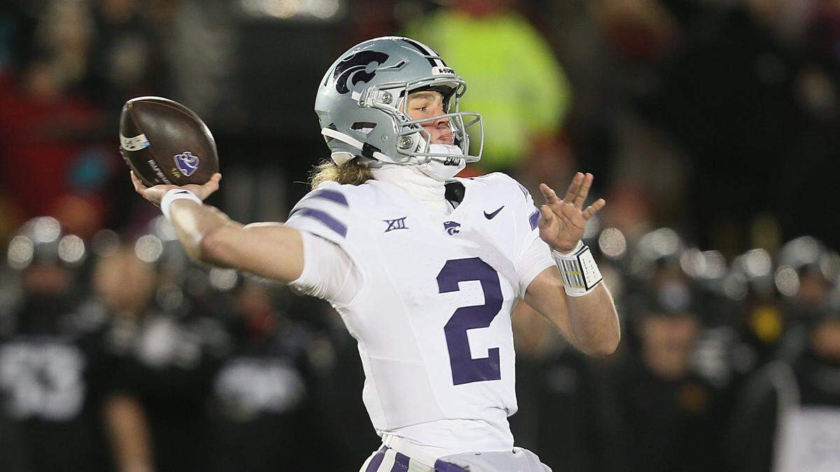 Kansas State Wildcats quarterback Avery Johnson (2) passes the ball against Iowa State during the first quarter at Jack Trice Stadium on Saturday, Nov. 30, 2024, in Ames, Iowa.