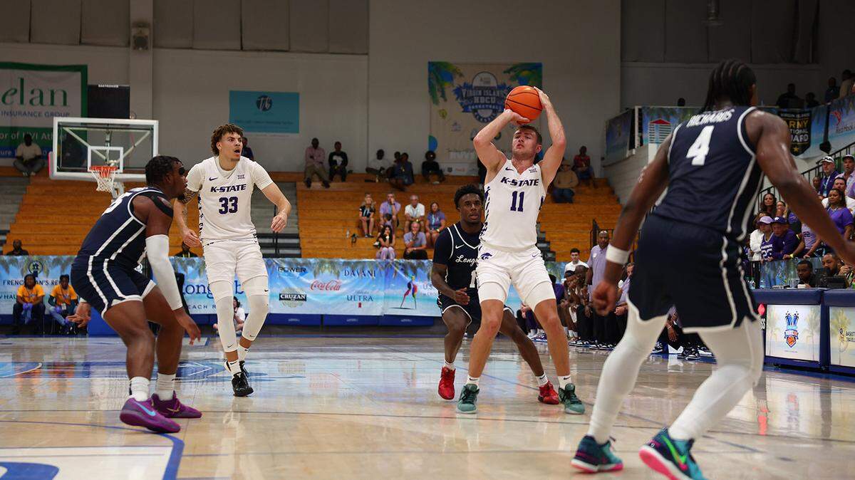 Kansas State guard Brendan Hausen attempts a 3-pointer against Longwood at the Paradise Jam on Nov. 25, 2024.