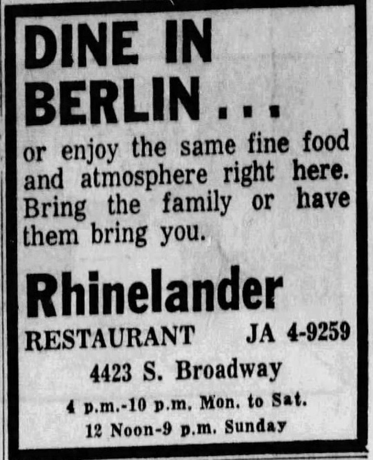 An ad for Rhinelander restaurant from a 1966 edition of The Wichita Eagle