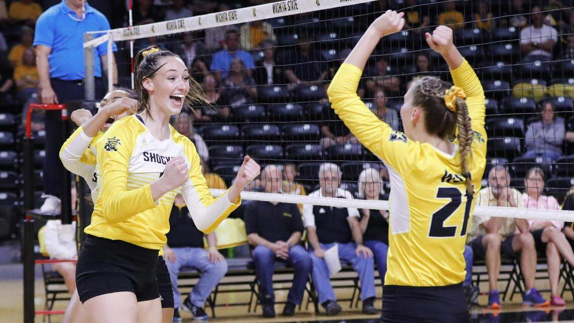 Wichita State junior middle Emma Wright (left) hopes to lead the Shockers back to their winning ways. WSU plays Houston on Friday and Tulane on Sunday.