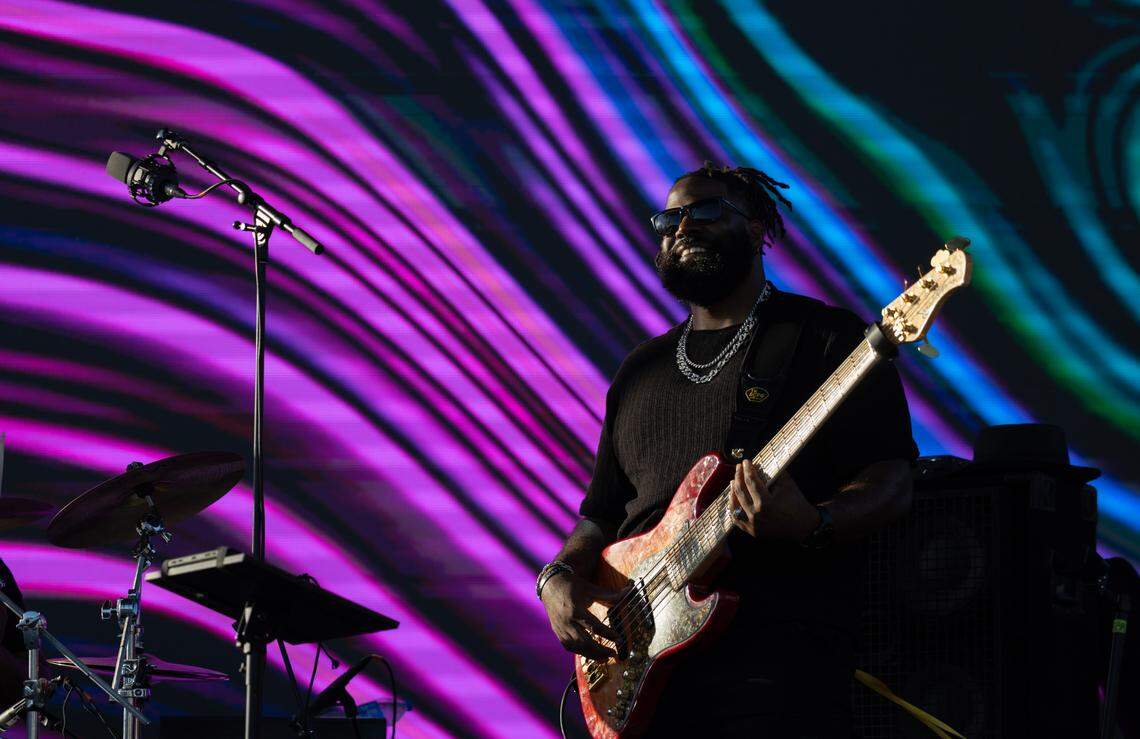 Sherdiell Breathett Jr. plays bass during a show by D Smoke at WAVE during Elsewhere Fest on Friday.