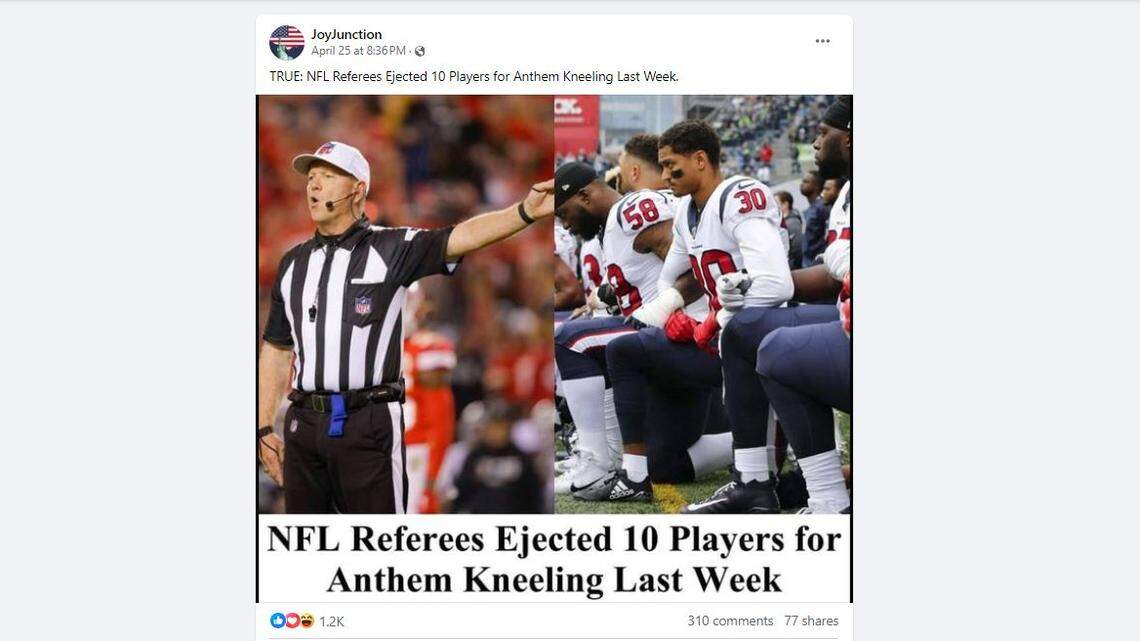 Facebook fake news post titled "TRUE: NFL Referees Ejected 10 Players for Anthem Kneeling Last Week"