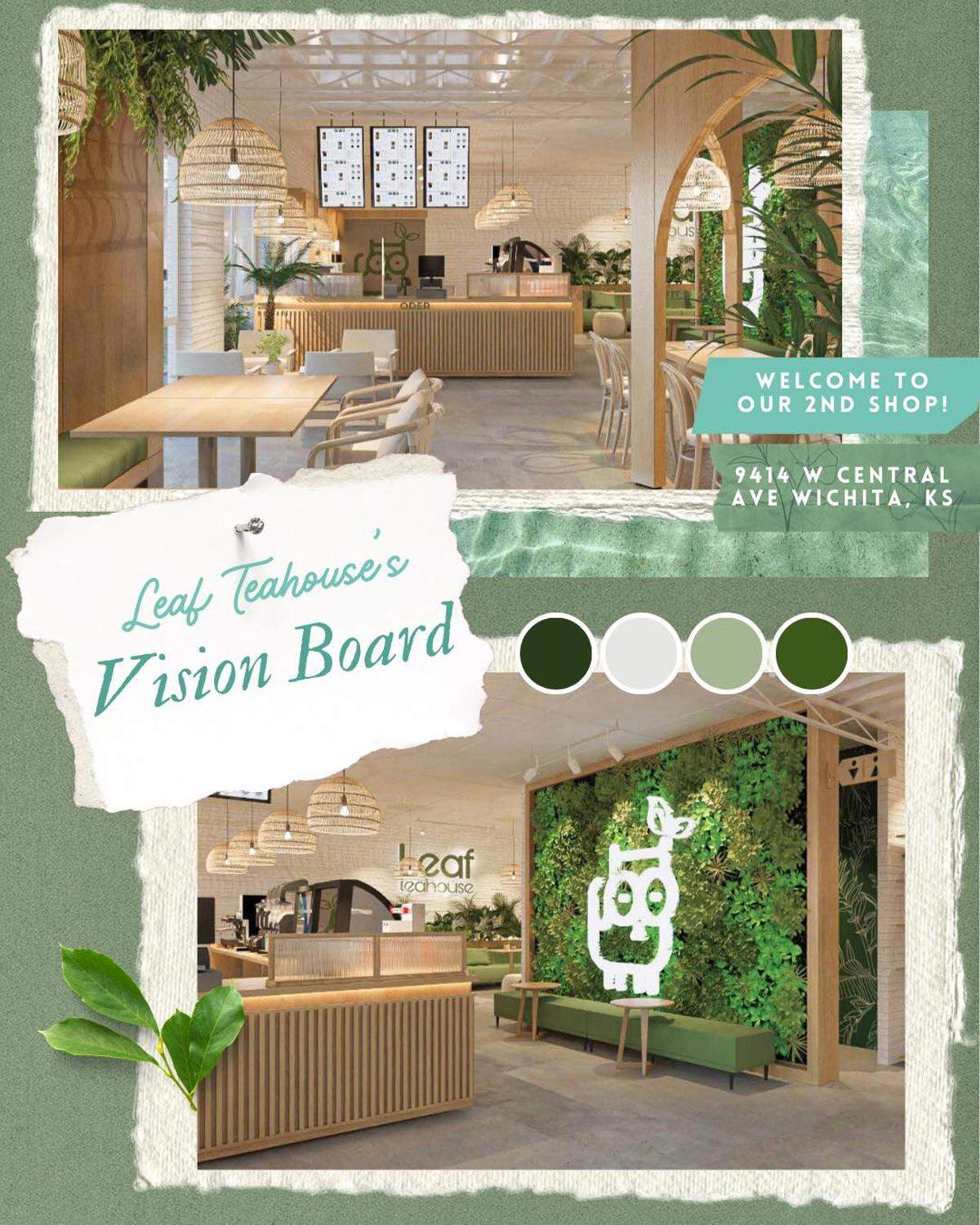 Mock ups for the new Leaf Teahouse ICT show lots of greenery and seating. The new shop will have three times the space as the original on Pawnee.