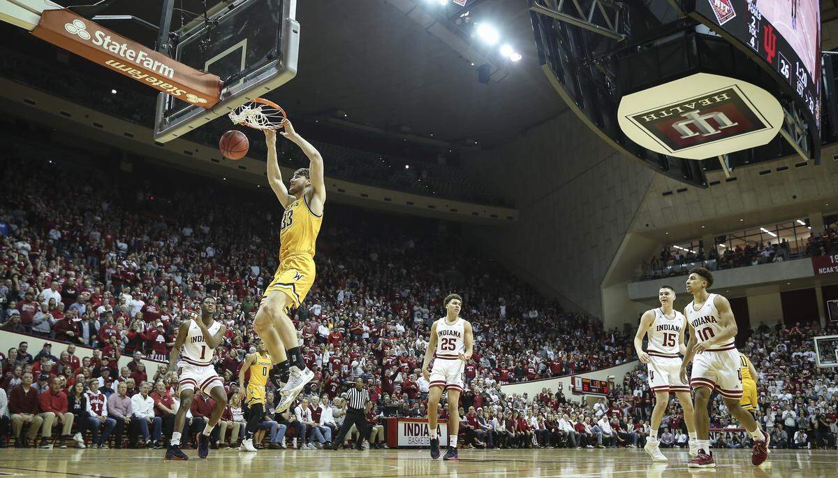 Wichita State’s Asbjorn Midtgaard dunks the ball during the first half of their NIT quarterfinal game against Indiana at Assembly Hall in Bloomington, Indiana on Tuesday.