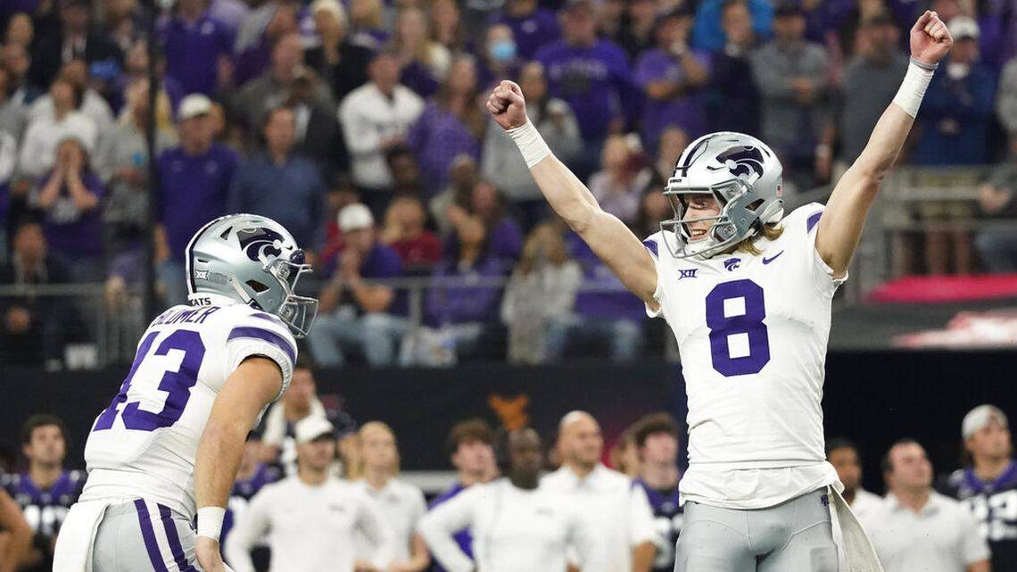 Kansas State’s Ty Zentner (8) and Jack Blumer (43) celebrates Zentner’s field goal in overtime of the Big 12 Conference championship NCAA college football game against TCU, Saturday, Dec. 3, 2022, in Arlington, Texas. (AP Photo/LM Otero)