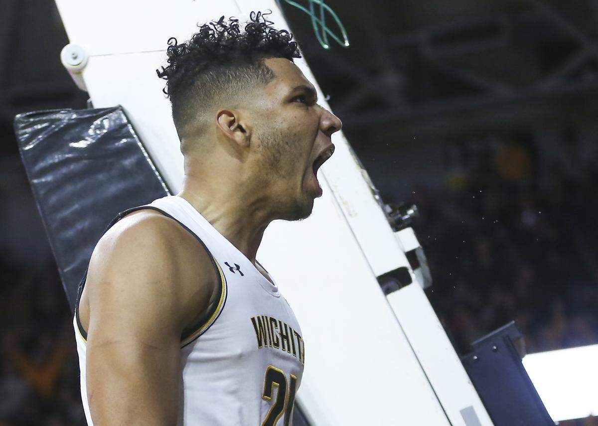 Wichita State’s Jaime Echinique celebrates a shot and found against East Carolina during the second half of their game at Koch Arena on Wednesday.