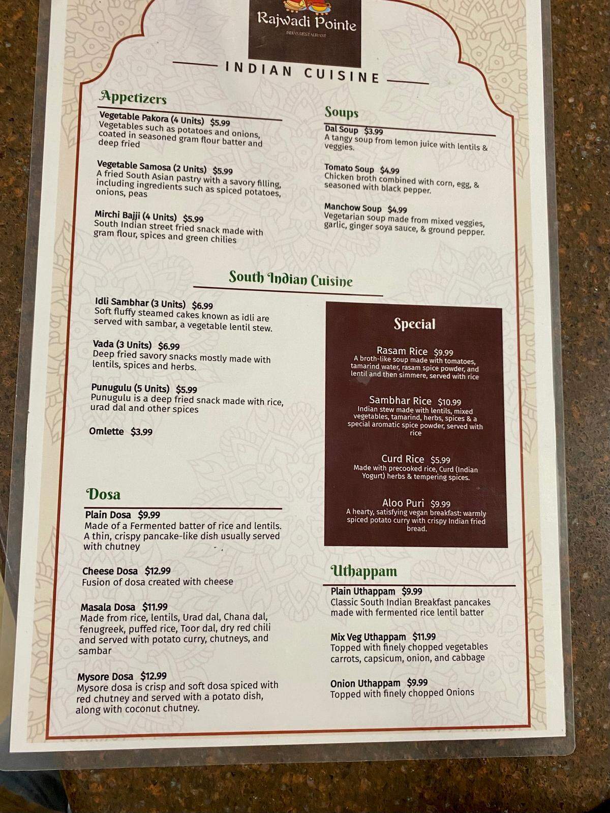 Rajwadi Pointe menu, page 1