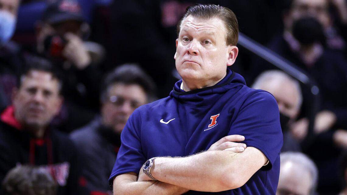Illinois head coach Brad Underwood looks on against Rutgers during the second half of an NCAA college basketball game Wednesday, Feb. 16, 2022, in Piscataway, N.J. Rutgers won 70-59. (AP Photo/Adam Hunger)
