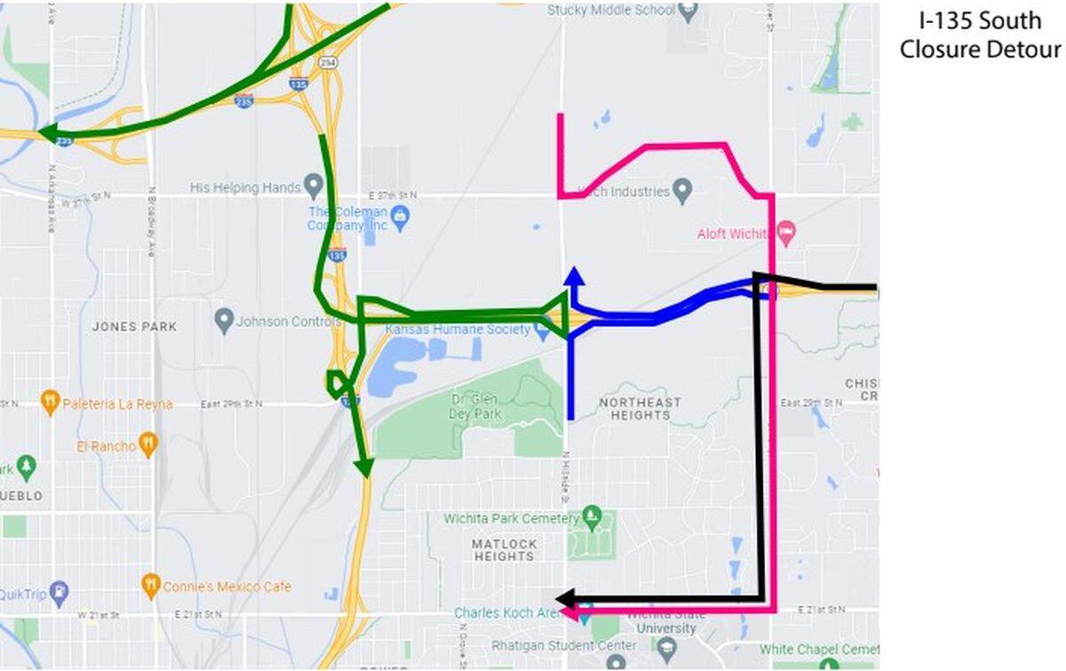 I-135 south closures and detours (Saturday 7/8)