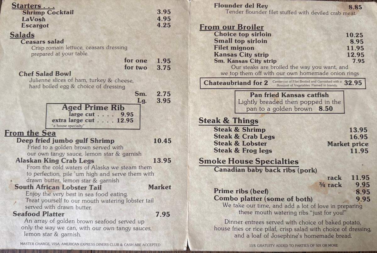 This old dinner menu from The Maples shows the wide array of meat and seafood dishes that were available.