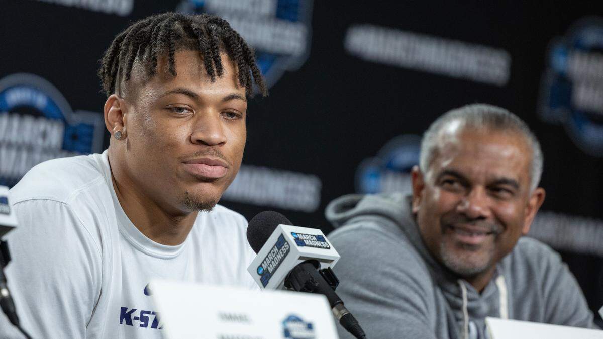 Kansas State’s Keyontae Johnson and coach Jerome Tang talk with reporters at Madison Square Garden on Friday. The Wildcats will face Florida Atlantic on Saturday for a spot in the Final Four.