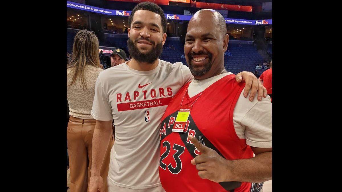 Toronto Raptors guard Fred VanVleet poses with Wichita State basketball super fan Daxton Miller, a Wichita native who was a fixture around the program during VanVleet’s college days with the Shockers.