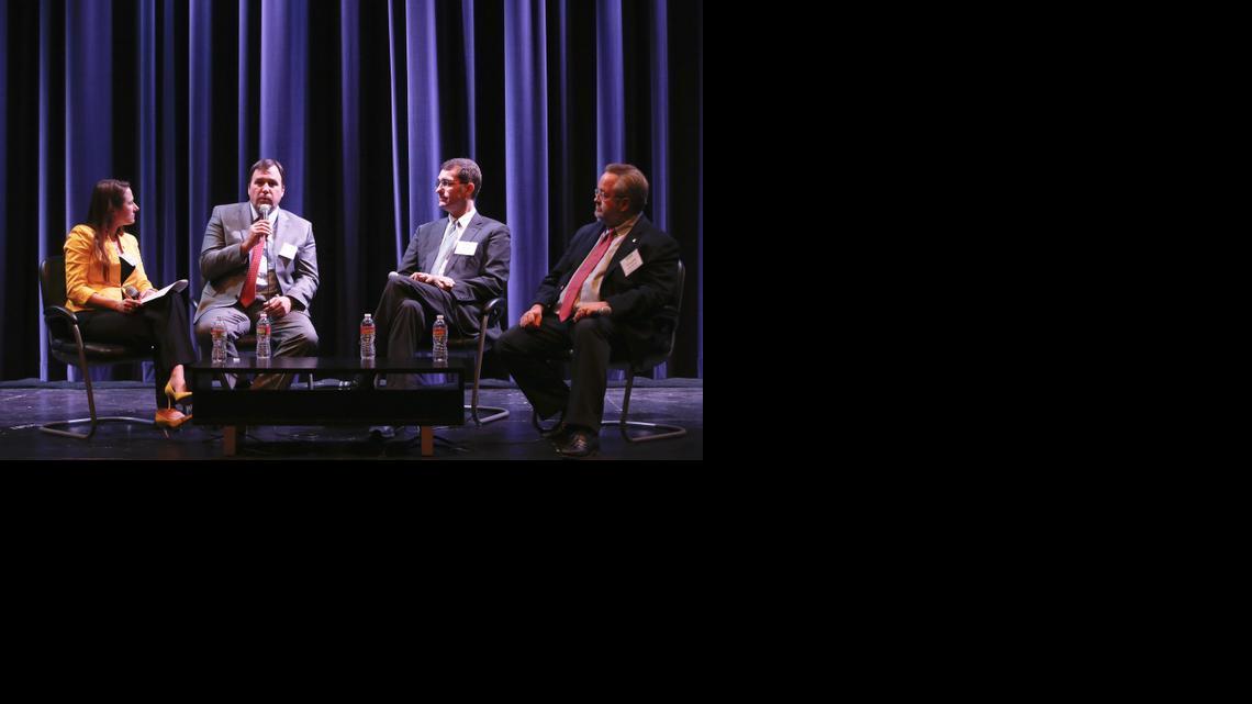 Several of the state’s leading authorities on sex trafficking held a discussion at Wichita State University on Monday, including, from left, Karen Countryman-Roswurm, executive director of WSU’s Center to Combat Human Trafficking; Sedgwick County District Attorney Marc Bennett; Kansas Attorney General Derek Schmidt; and Timothy Henderson, presiding judge for the 18th Judicial District Juvenile Division in Sedgwick County. (Jan. 27, 2014)

