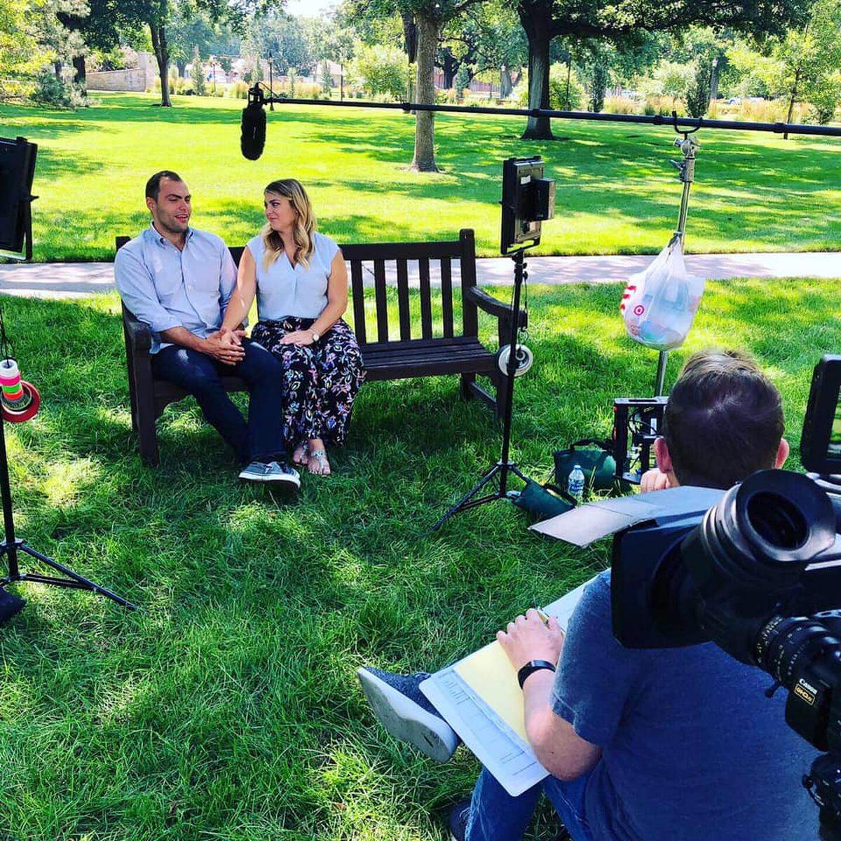 Lara and Robert Brooks film a scene on the Friends University campus for an episode of HGTV’s “House Hunters.”
