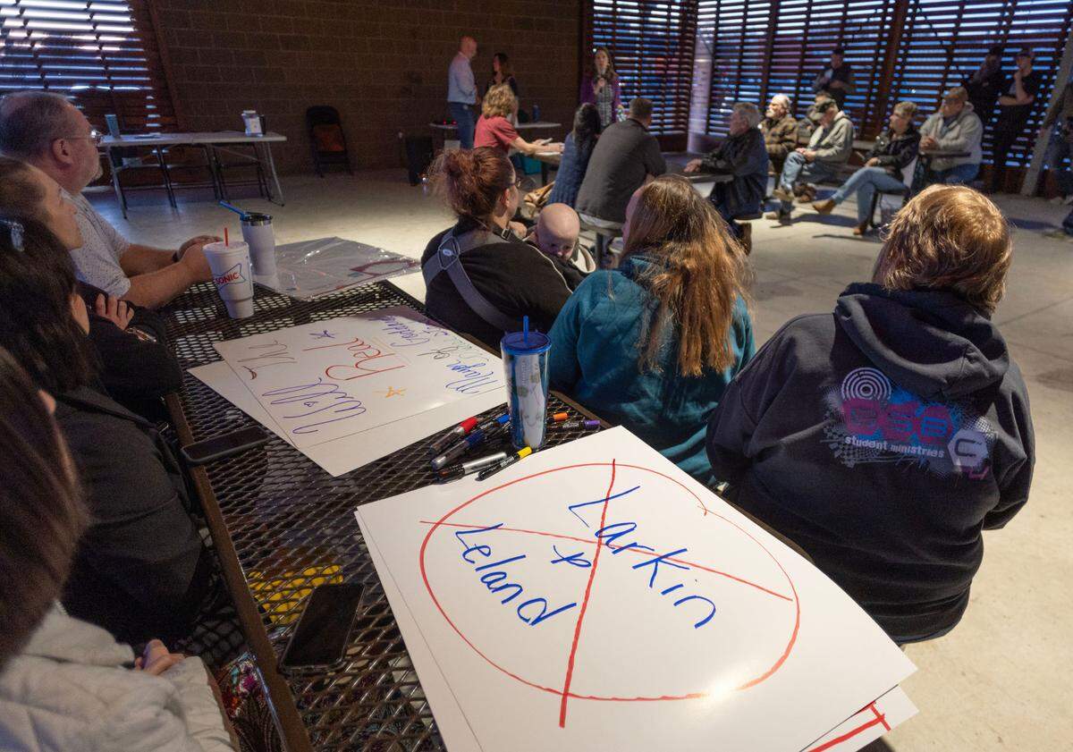 More than 60 people gathered at Goddard’s Linear Park on Monday night to discuss a possible recall movement aimed at Goddard Mayor Hunter Larkin and possibly other members of the Goddard City Council.