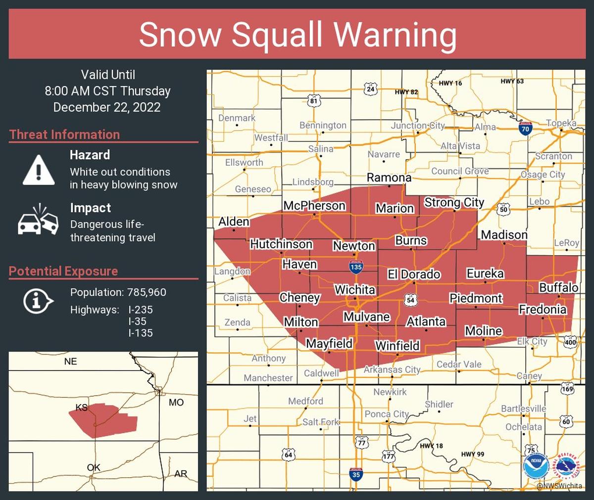 Wichita and the surrounding areas are in a snow squall warning until 8 a.m.