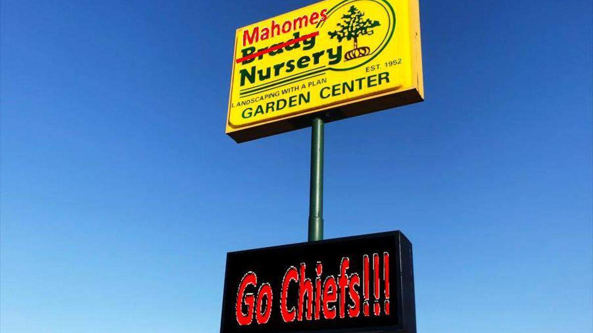 Brady Nursery has temporarily, and unofficially, renamed itself Mahomes Nursery until after Sunday’s AFC Championship game between the Kansas City Chiefs and their quarterback Patrick Mahomes and the Boston Patriots and their quarterback Tom Brady.