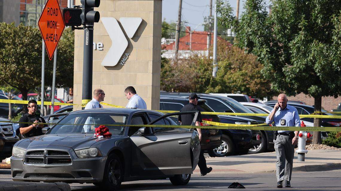 Police investigate a shooting near Third and Broadway on Monday afternoon.